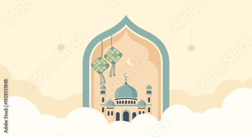 Decorative Islamic mosque with crescent moon and ketupat in festive celebration.