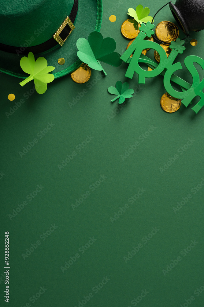 Fototapeta premium Festive vertical St Patrick's Day greeting featuring a green leprechaun hat, paper shamrocks, gold coins and confetti on a dark green background for celebration cards and party promotions