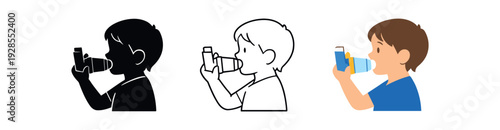 Child holding inhaler with spacer attachment for pediatric asthma treatment vector icon set three styles: black solid silhouette thin black outline and flat colored with solid fills. Clean