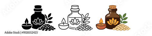 Abhyanga massage oil bottle with sesame seeds beside it ayurveda and eastern wellness icon vector icon set three styles: black solid silhouette thin black outline and flat colored with