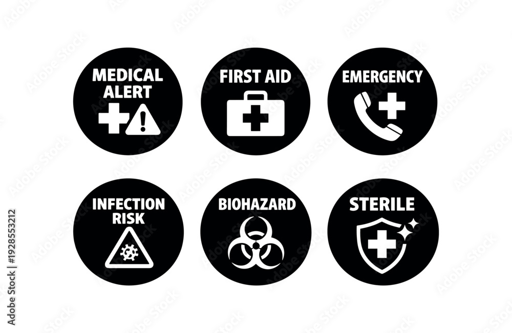 Obraz premium badge texts and icons: MEDICAL ALERT with cross and alert triangle icon FIRST AID with first aid kit cross icon EMERGENCY with phone cross icon INFECTION RISK with germ alert triangle icon
