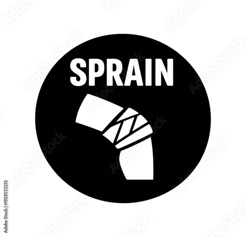 Flat vector badge SPRAIN simple white joint with bandage