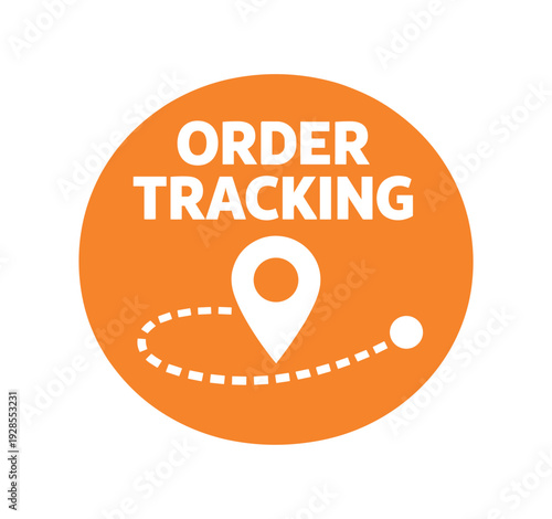 Flat vector badge ORDER TRACKING simple white map pin with route line