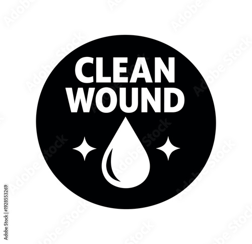 Flat vector badge CLEAN WOUND simple white droplet with sparkle