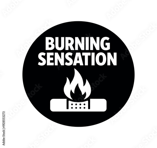 Flat vector badge BURNING SENSATION simple white flame with skin patch