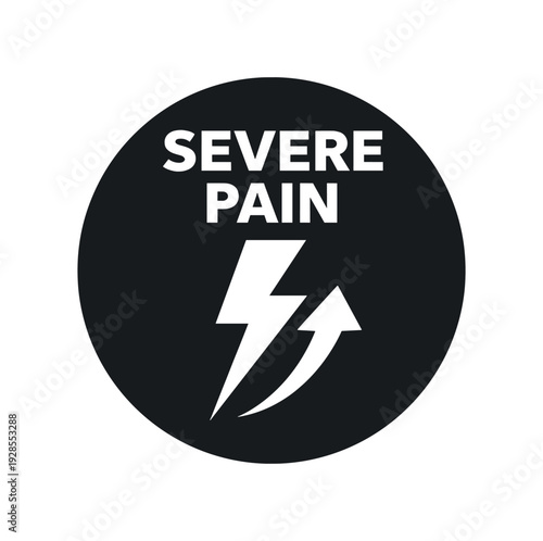 Flat vector badge SEVERE PAIN simple white pain lightning bolt with up arrow