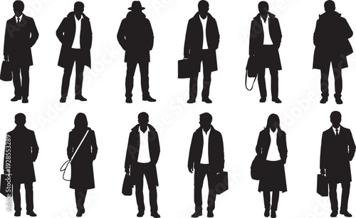 Business People Silhouette Set with Men and Women in Overcoats Carrying Briefcases and Bags for Corporate Professional Fashion Design Elements