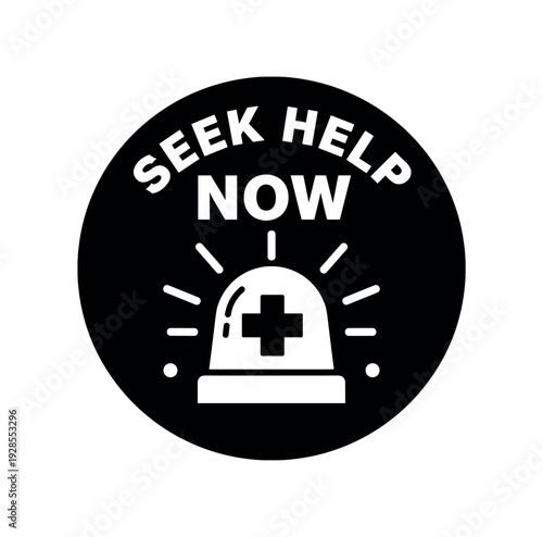 Flat vector badge SEEK HELP NOW simple white siren light with medical cross