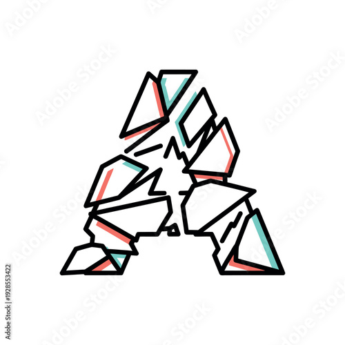 A stylized illustration of a shattered letter A made of geometric shapes and lines.