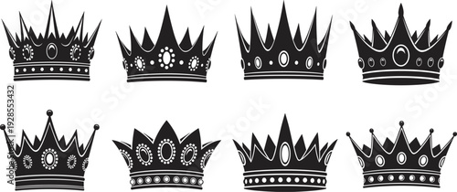 Set of Royal Crown Silhouettes with Ornate Jewels and Sharp Points for King Queen Princess and Luxury Kingdom Design Elements