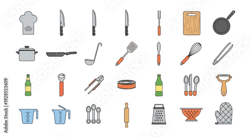 Set of kitchen utensils and cooking tools icons in simple line style.