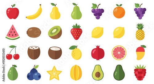Colorful assortment of various fresh fruits icons arranged in a grid pattern.
