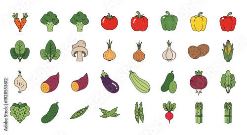 Colorful collection of various fresh vegetables icons in flat style.