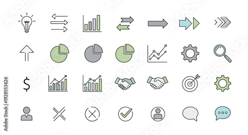 Set of various business and data analysis icons in outline style.