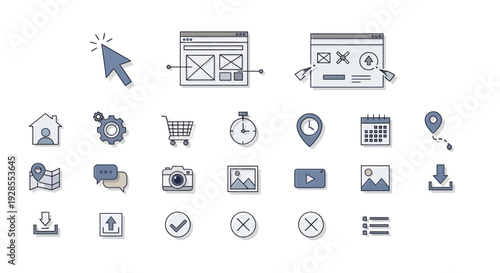 Set of user interface and web design icons representing various digital and online actions.