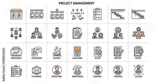 Comprehensive set of project management icons representing teamwork and planning.
