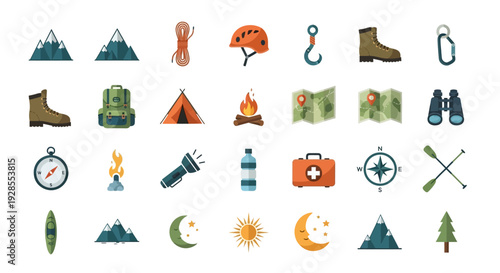 Set of colorful camping and outdoor adventure icons with mountains and equipment.