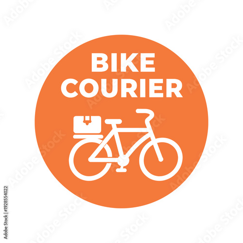Flat vector badge BIKE COURIER simple white bicycle with package