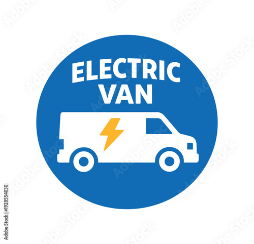 Flat vector badge ELECTRIC VAN simple white delivery van with lightning bolt