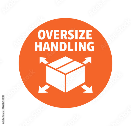 Flat vector badge OVERSIZE HANDLING simple white box with expand arrows