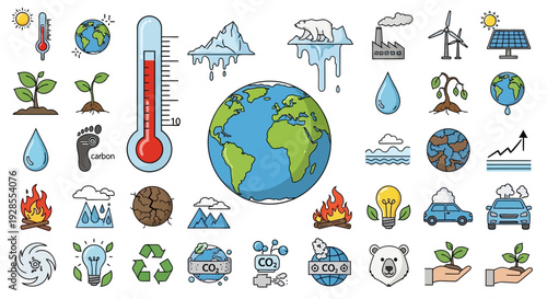 Collection of colorful environmental and climate change icons representing sustainability and nature.