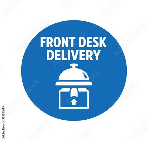 Flat vector badge FRONT DESK DELIVERY simple white bell desk icon with package