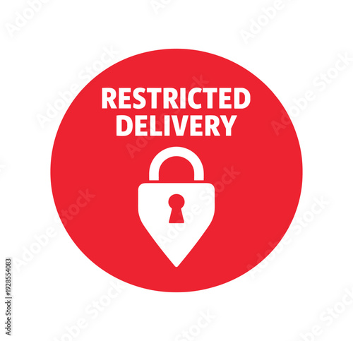 Flat vector badge RESTRICTED DELIVERY simple white padlock with map pin