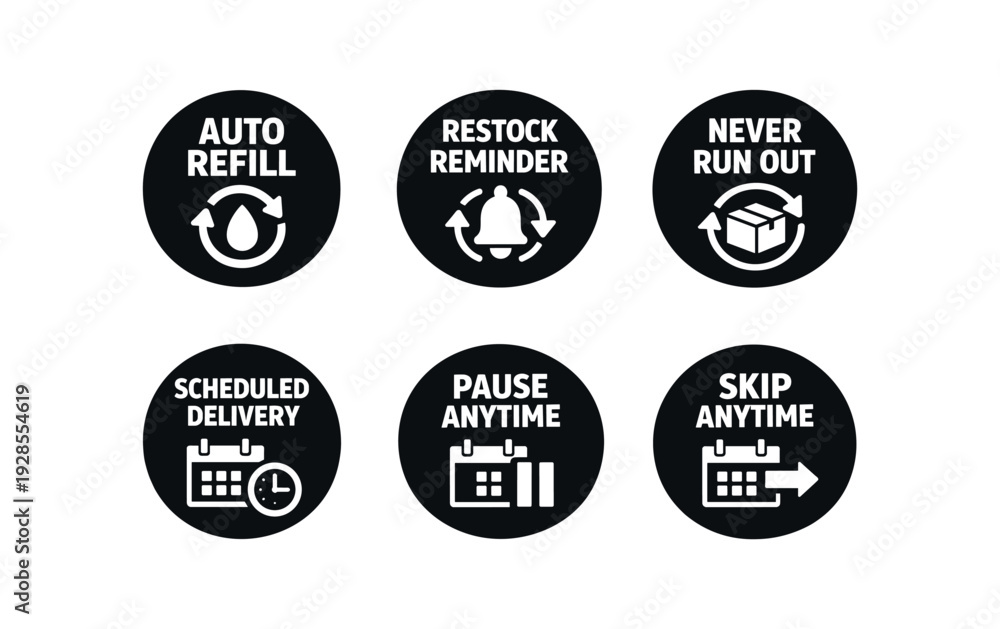 Obraz premium badge texts and icons: AUTO REFILL with arrows and droplet icon RESTOCK REMINDER with bell and arrows icon NEVER RUN with box and arrows icon SCHEDULED DELIVERY with calendar and clock icon