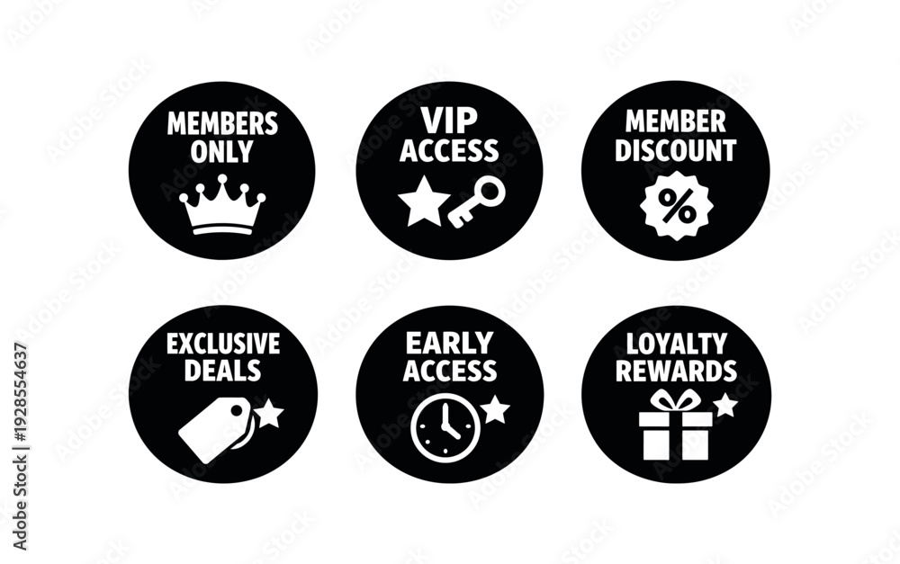 Fototapeta premium badge texts and icons: MEMBERS ONLY with crown icon VIP ACCESS with and key icon MEMBER DISCOUNT with percent symbol and badge icon EXCLUSIVE DEALS with price tag and icon EARLY ACCESS with