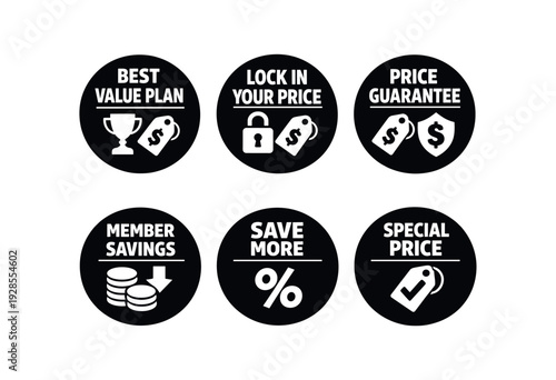 badge texts and icons: BEST VALUE PLAN with trophy and price tag icon LOCK YOUR PRICE with padlock and price tag icon PRICE GUARANTEE with price tag and shield icon MEMBER SAVINGS with coin