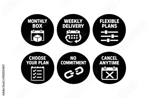 badge texts and icons: MONTHLY BOX with calendar and box icon WEEKLY DELIVERY with calendar and arrows icon FLEXIBLE PLANS with slider controls icon CHOOSE YOUR PLAN with checklist icon NO