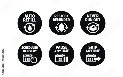 badge texts and icons: AUTO REFILL with arrows and droplet icon RESTOCK REMINDER with bell and arrows icon NEVER RUN with box and arrows icon SCHEDULED DELIVERY with calendar and clock icon
