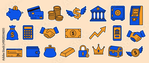 Financial Icons Array: A comprehensive collection of financial icons, meticulously designed, symbolizing diverse aspects of finance, investment, and banking.
