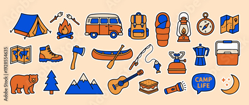 Camping Essentials: A vibrant illustration showcasing an array of camping essentials, from tents and campfires to backpacks and canoes. evokes a sense of adventure, freedom.