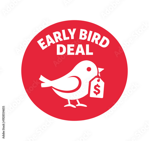 Flat vector badge EARLY BIRD DEAL simple white bird with price tag
