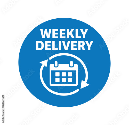 Flat vector badge WEEKLY DELIVERY simple white calendar with arrows