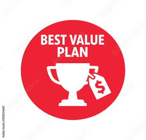 Flat vector badge BEST VALUE PLAN simple white trophy with price tag