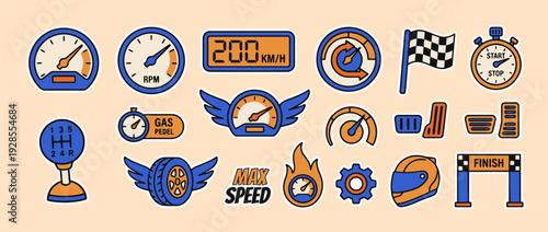 Racing Elements: A collection of vibrant icons representing the thrill and excitement of car racing, including speedometers, flags, and gear.