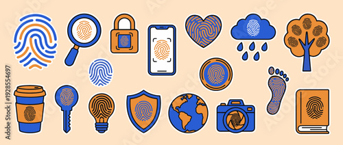 Fingerprint Icons Set: A comprehensive collection of fingerprint icons, each meticulously designed to represent various aspects related to identification, security, and technology.