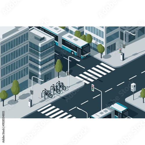 City Street with Bus and Cyclists.