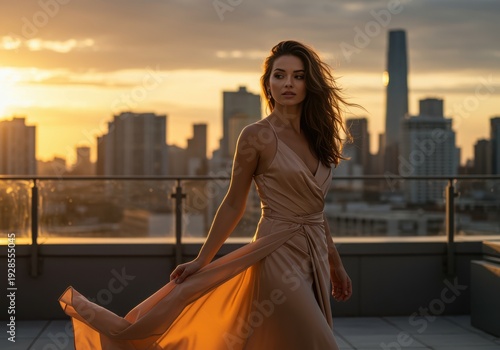 Elegant woman in golden dress posing on rooftop with cityscape sunset skyline