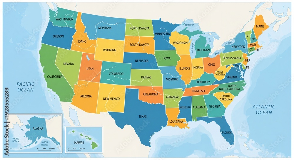 Obraz premium A colorful map of the United States, showing each state with its name.
