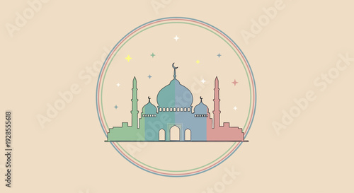 Minimalist colorful mosque silhouette with crescent moon and stars on beige background.