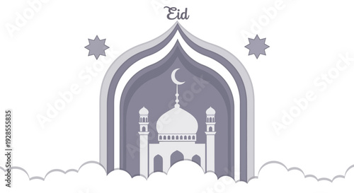 Elegant Eid greeting card with mosque silhouette and crescent moon.
