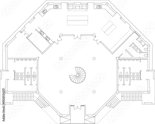 Octagonal public building plans with spiral stairs, mixed-use mid-rise elevations, residential house layouts, apartment plans, and mosque panoramas.