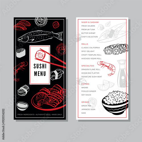 Sushi Restaurant Menu Template with Hand Drawn Japanese Food Illustrations.Modern sushi restaurant menu template with hand drawn Japanese food illustrations in line art style.