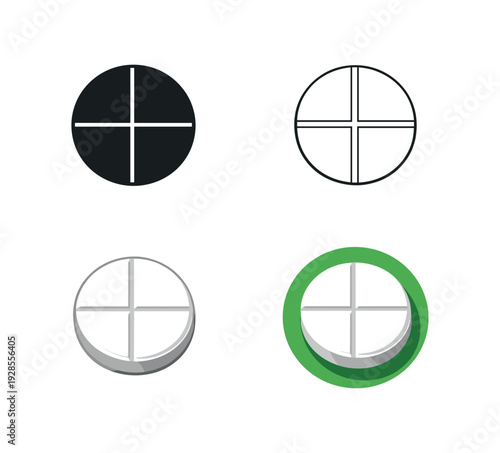 Round white aspirin tablet with cross score lines for classic aspirin pill icon set four styles: black solid silhouette thin black outline flat colored anatomical illustration and flat