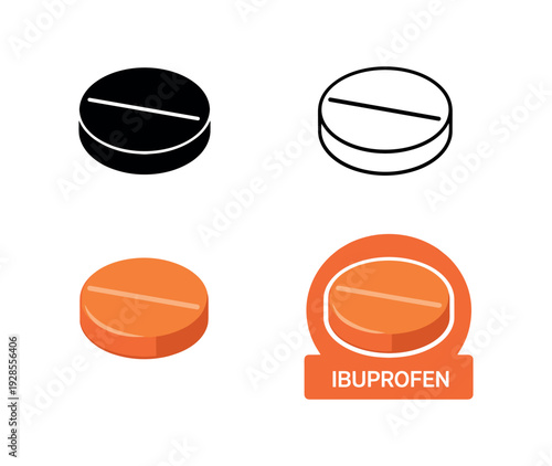 Small round orange coated tablet for ibuprofen type anti inflammatory pill icon set four styles: black solid silhouette thin black outline flat colored anatomical illustration and flat