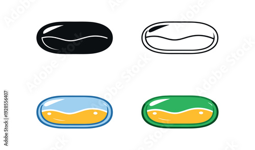 Ibuprofen type gel capsule oval shape with liquid inside for fast release icon set four styles: black solid silhouette thin black outline flat colored anatomical illustration and flat