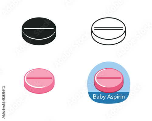 Baby aspirin small pink round tablet for low dose aspirin icon set four styles: black solid silhouette thin black outline flat colored anatomical illustration and flat colored with category